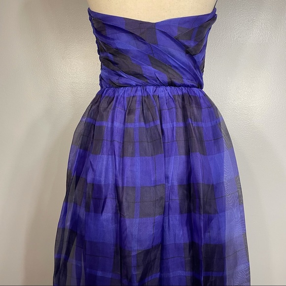 Vintage Albert Nipon Boutique 100% Silk Purple Plaid Bow Strapless Dress Size 6 - Picture 11 of 15
